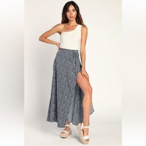 Lulu’s Tempest Navy Blue Print Wrap Maxi Skirt